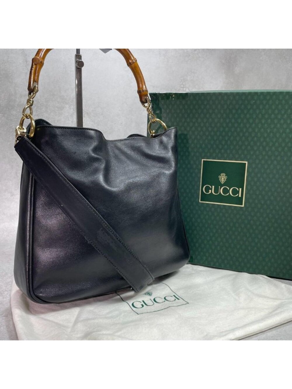 Gucci Shoulder Bag 2-Way Bamboo Black Gold